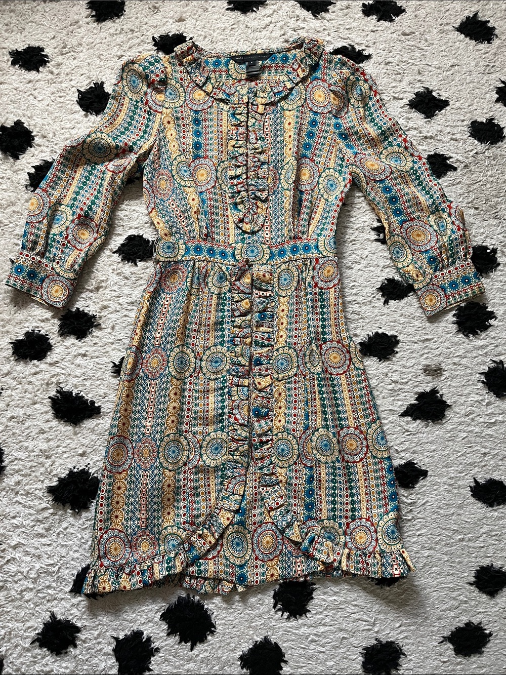 Marc by Marc Jacobs Size 2 Multicolor Ruffle-Front Long Sleeve Midi Dress